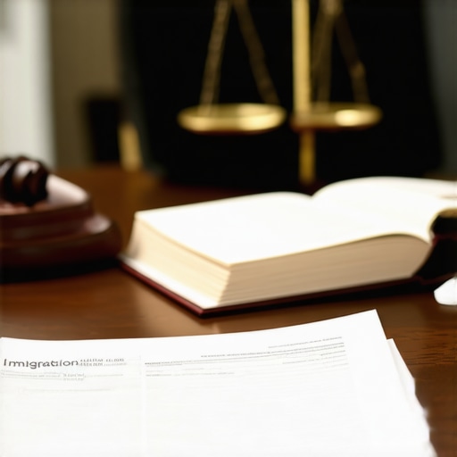 Abogado experto en inmigración revisando documentos y leyes migratorias.