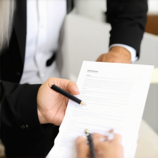 Immigration lawyer consulting with client over legal documents.