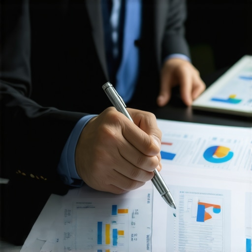 Lawyer analyzing legal documents in a modern office environment