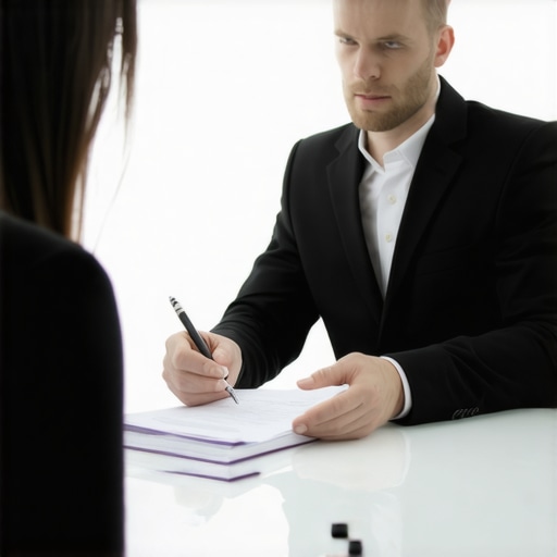 Abogado de inmigración revisando papeles con un cliente en una oficina moderna.