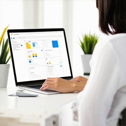 Persona gestionando documentos digitales y herramientas en un escritorio moderno.