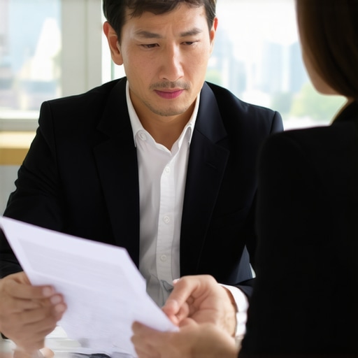 A lawyer advising a client on immigration documents in an office