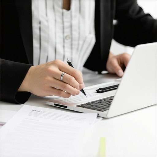 Persona usando software para gestionar documentos de inmigración en un entorno moderno.