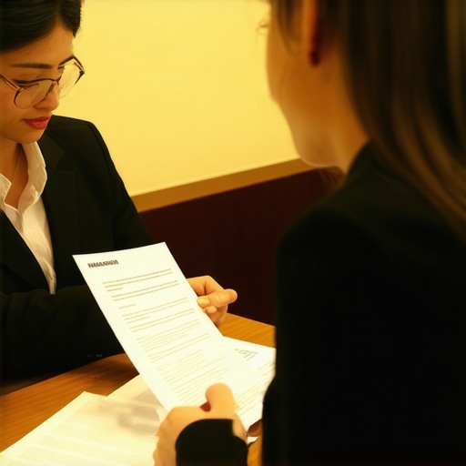Immigration lawyer discussing visa application documents with a client in an office.