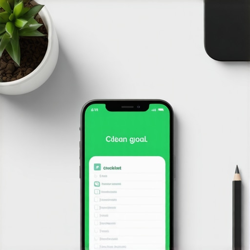 A smartphone screen showing an immigration checklist app on a tidy desk with a green card in the background.