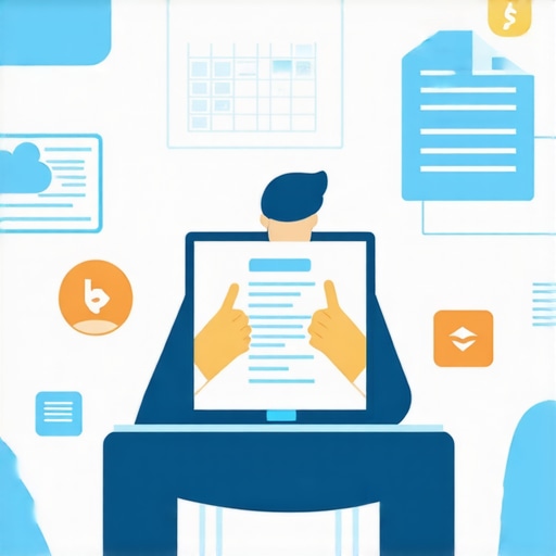 Person managing immigration documents on a laptop with calendar and cloud storage icons