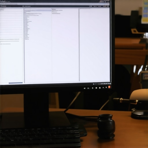 A lawyer reviewing case documents on a computer screen.