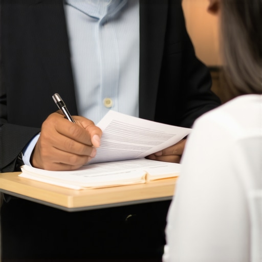 Attorney Reviewing Immigration Documents Immigration attorney analyzing paperwork with a client at a desk.