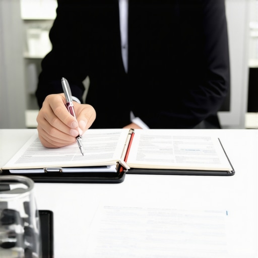 Immigration lawyer discussing documents with client in office