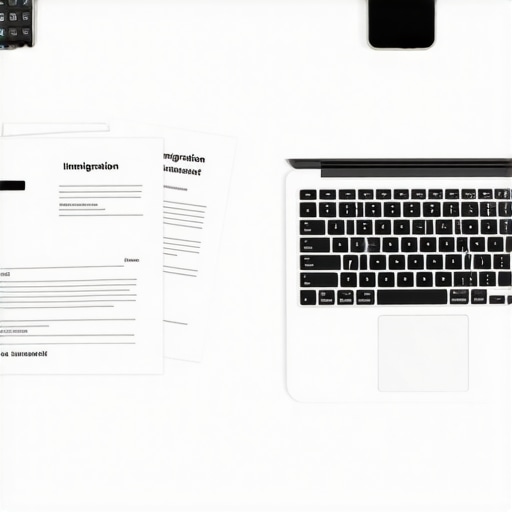 Efficient Immigration Case Management Setup Laptop, documents, and digital tools for managing immigration cases efficiently.