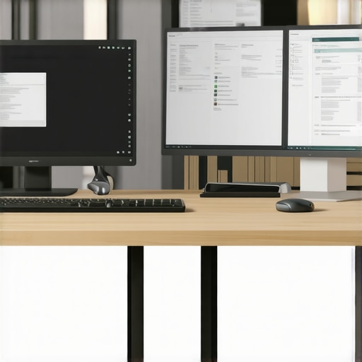 A lawyer's desk with dual monitors showing case management tools and legal documents