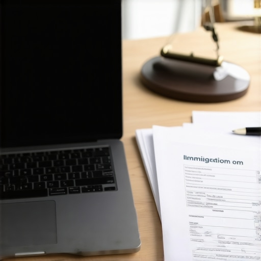 A clean and organized workspace with legal tools and technology for immigration attorneys.