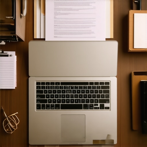 A modern lawyer's workspace showing a laptop, legal files, and digital technology for case organization.