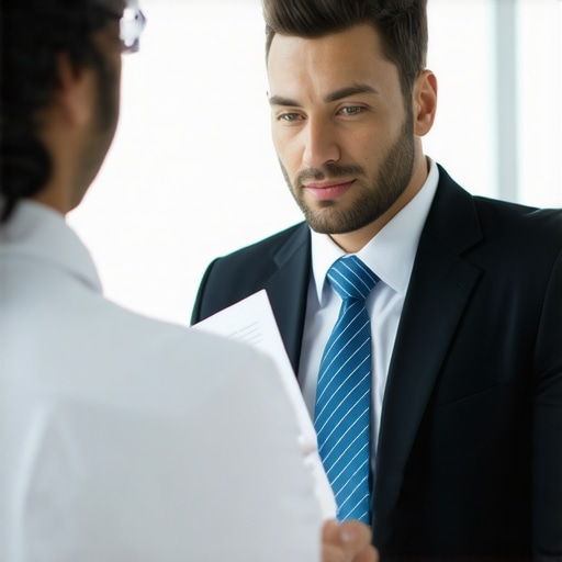 Immigration Consultation Lawyer reviewing immigration documents with client.