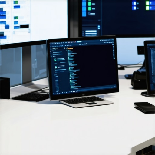 Legal Tech Workspace A professional lawyer's desk with computers and case management tools to showcase legal workflow tools.