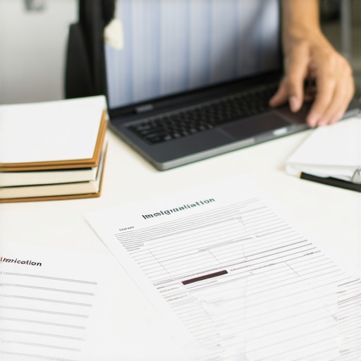 A workspace showing organized immigration documents, laptop, and legal resources for efficient case management.