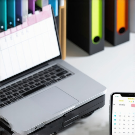 Organized Immigration Documentation System Desk with document scanner, laptop with folders, and calendar app showing reminders for immigration case management.