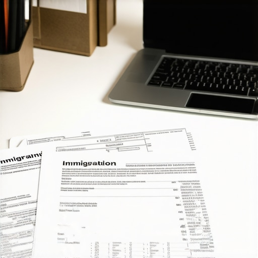 A tidy desk with labeled folders, a laptop open to legal documents, and a cup of coffee.